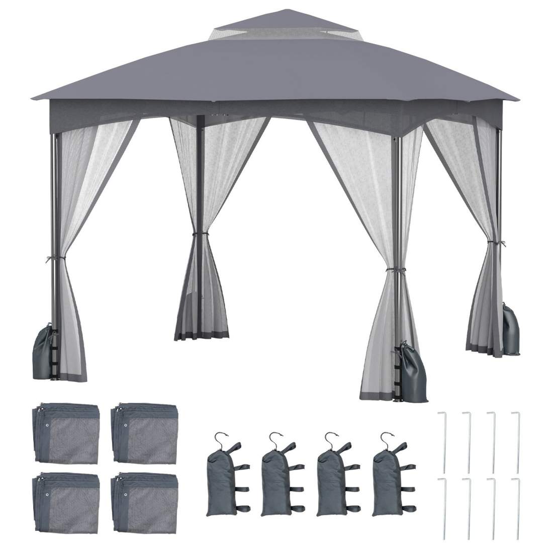 3x3 m Lusthus med Myggnät, Dubbeltak, Grå | Hem & Hobby | Pryloteket