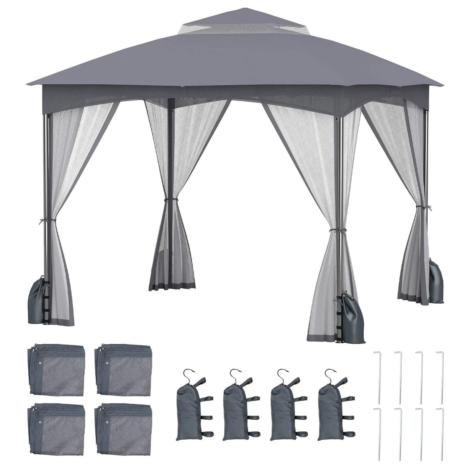 3x3 m Lysthus med Myggenet, Dobbelttag, Grå