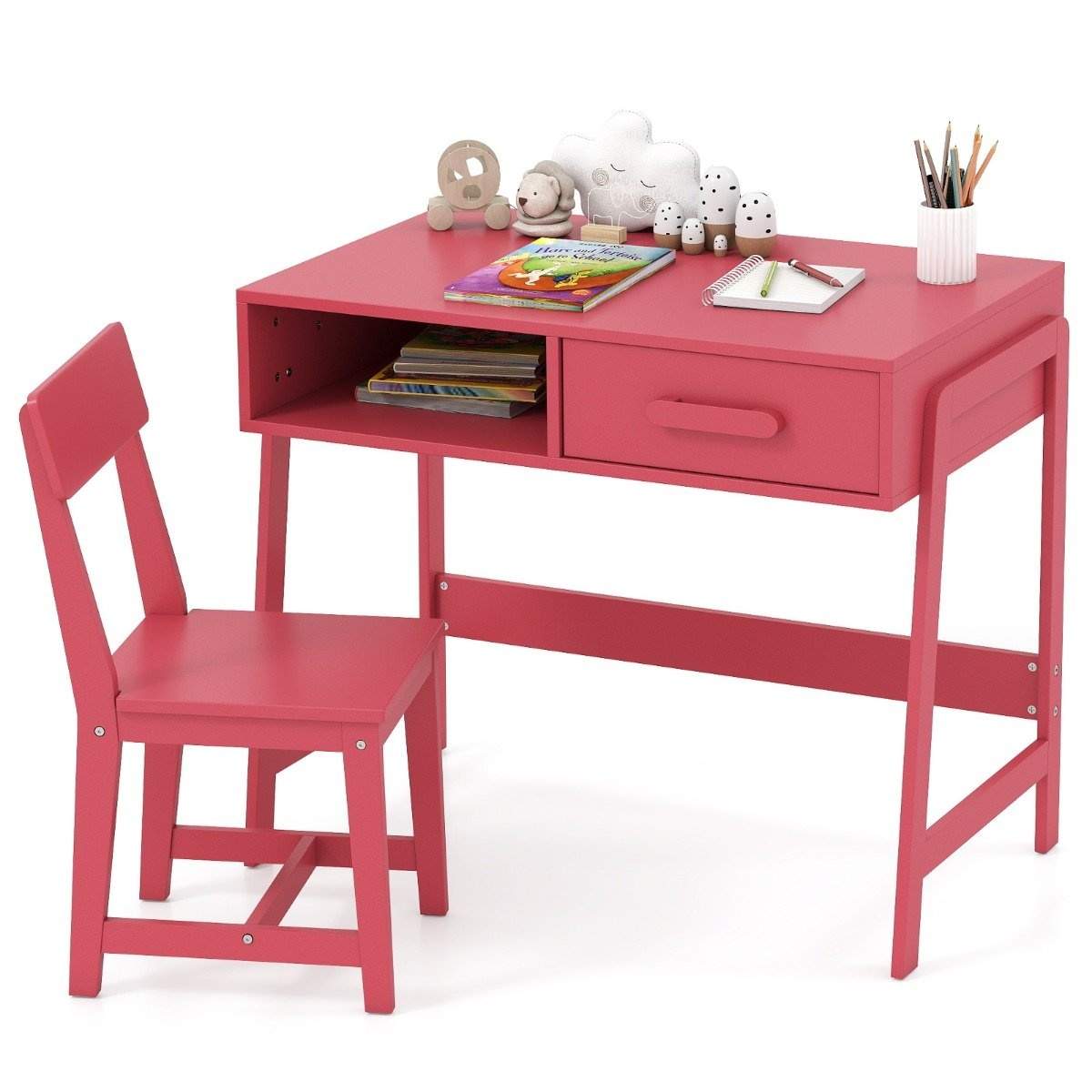 Børneskrivebord og stolesæt – træ, pink, opbevaring og ergonomisk
