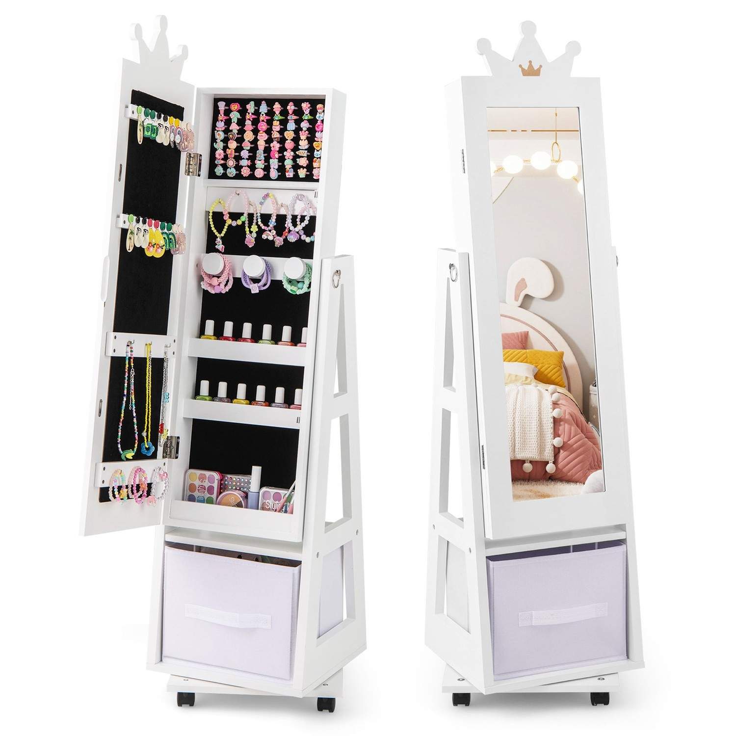 Børnenes 3-i-1 roterende smykkeskab med spejl