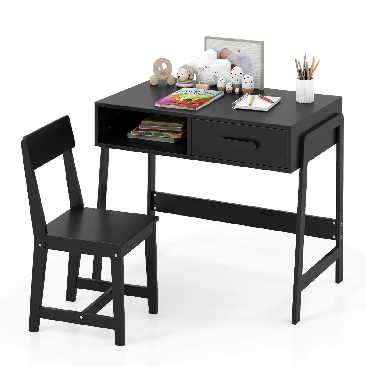 Børneskrivebord og stolesæt – træ, opbevaring, ergonomisk design