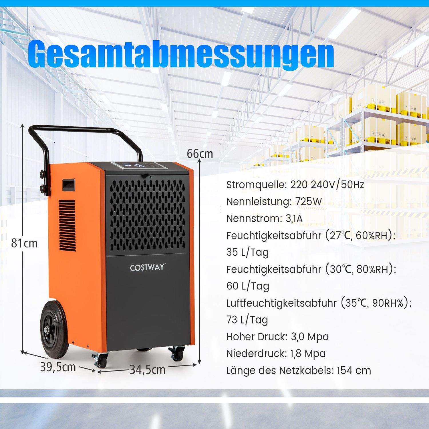 Industriel affugter med afløbsslange & 24H timer – 73L/Dag
