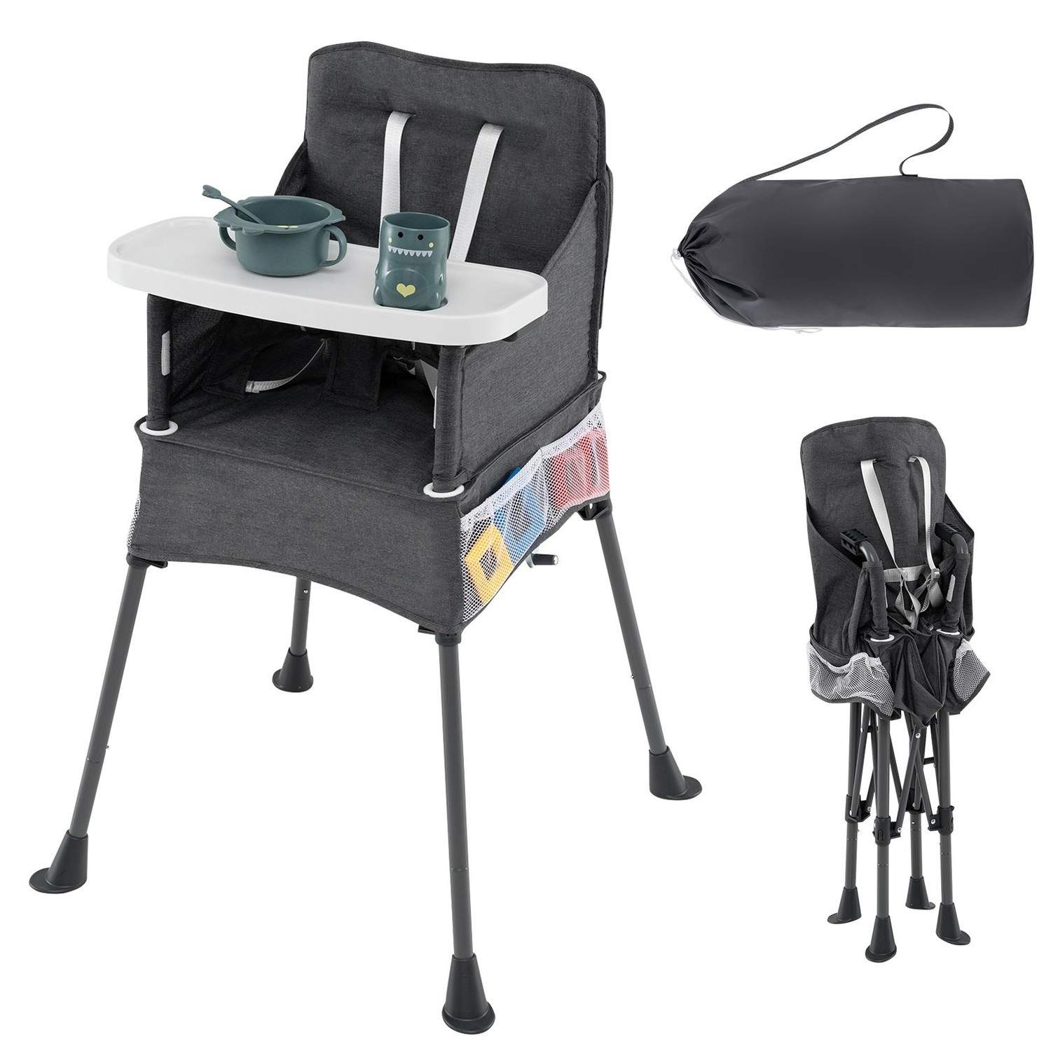 Sammenfoldelig barnestol med justerbar bakke og bæretaske