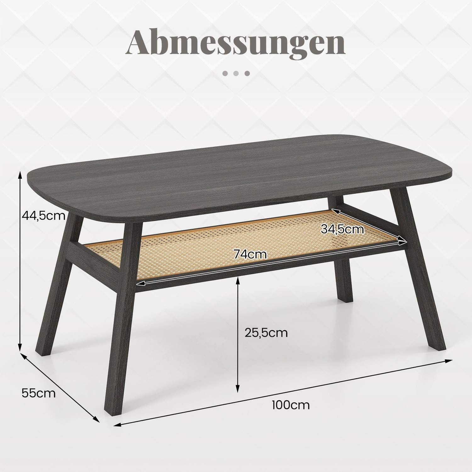 Rustikt soffbord i trä med rottinghylla – 2 nivåer, 100x55x44,5 cm | Hem & Hobby | Pryloteket