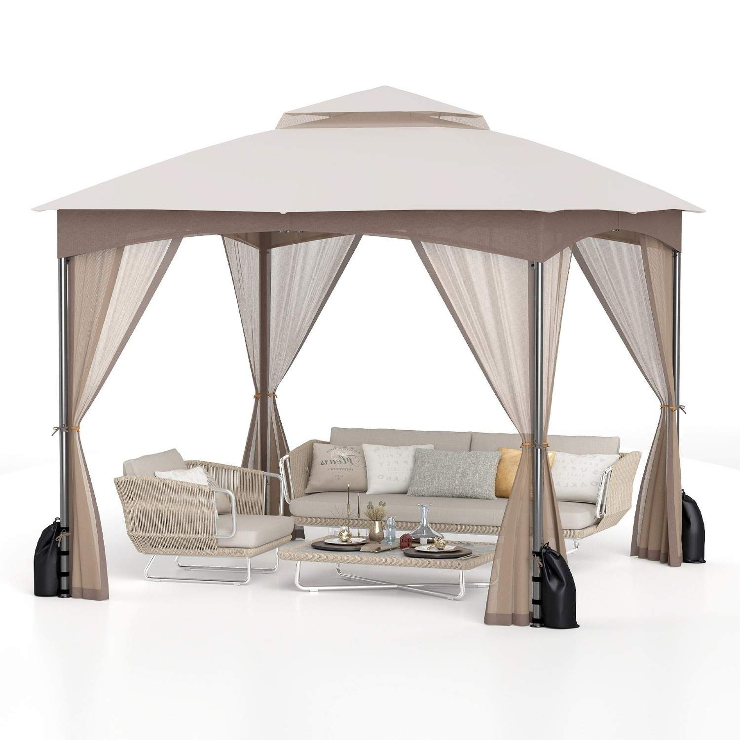 3x3 m lysthus med myggenet og sandsække – Khaki