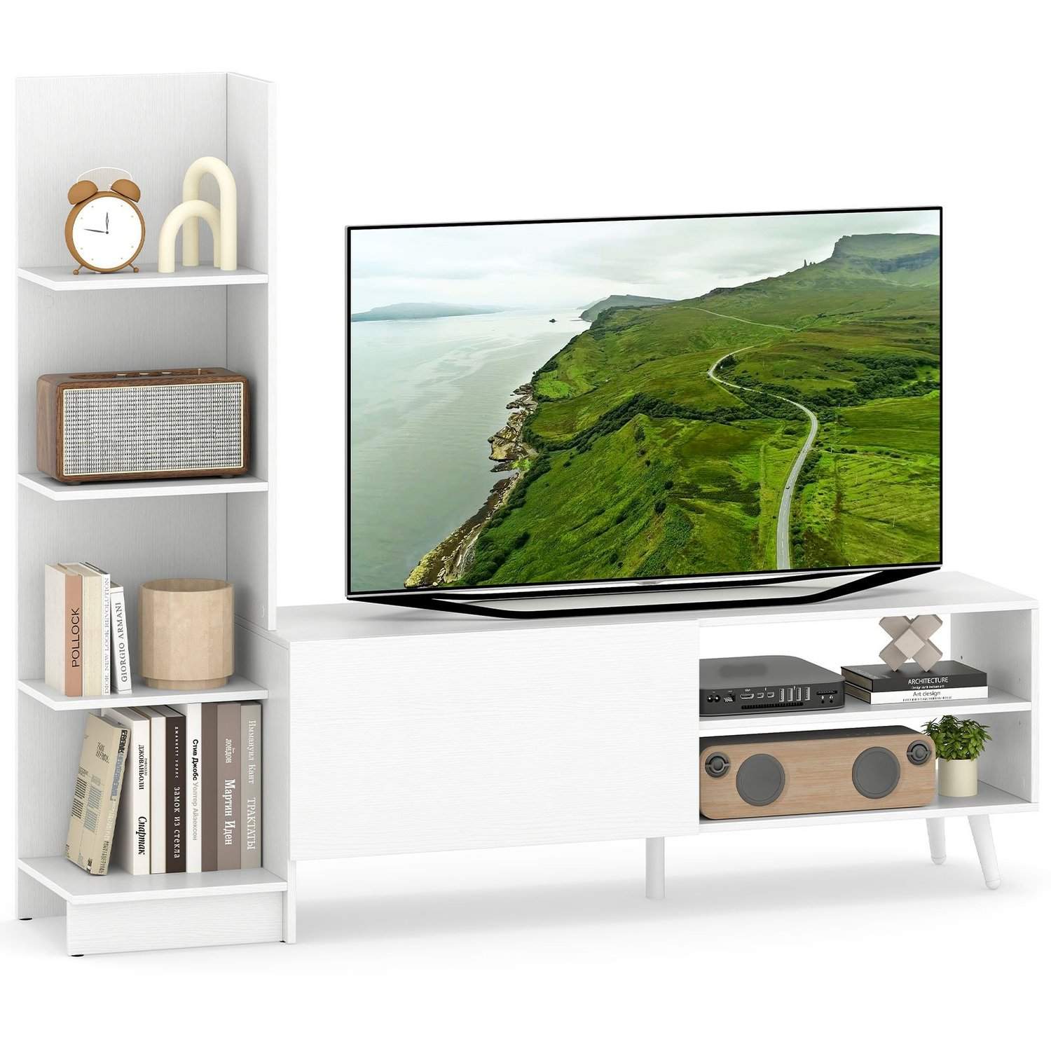 TV-stativ med justerbar hylde & 4-lags bogreol, hvid