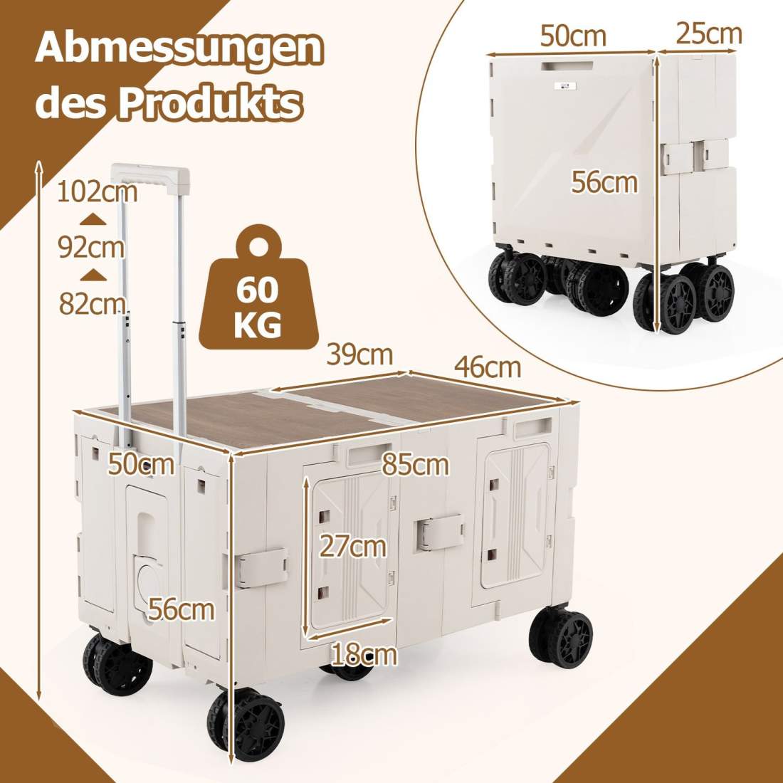 Fällbar vagn med bordsskiva, justerbart handtag & förvaring | Hem & Hobby | Pryloteket