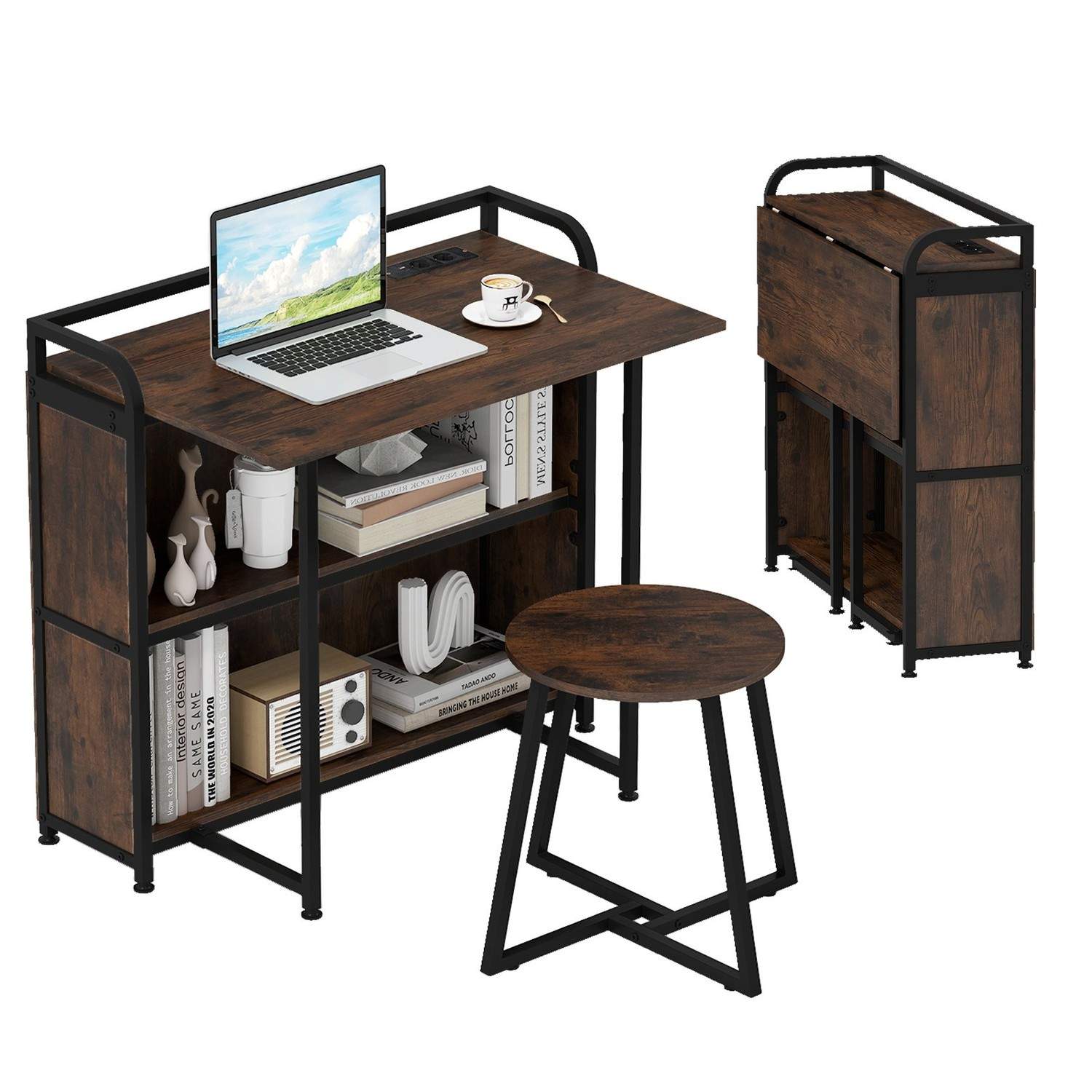 Sammenfoldeligt skrivebord med stikkontakt – Kompakt arbejdsområde med skammel