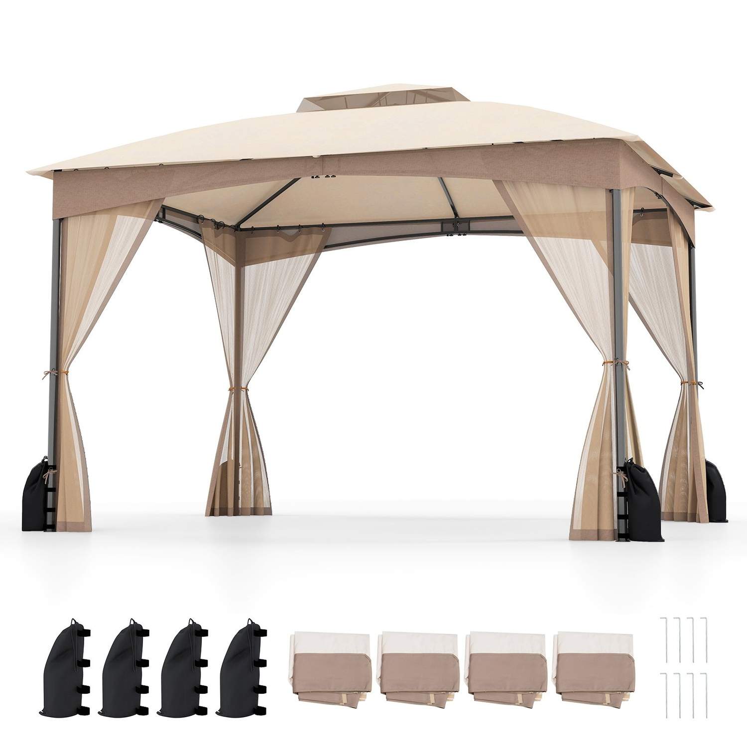 Khaki Pop-Up Pavillon 3,6 x 3 m – Myggenet, Vandtæt