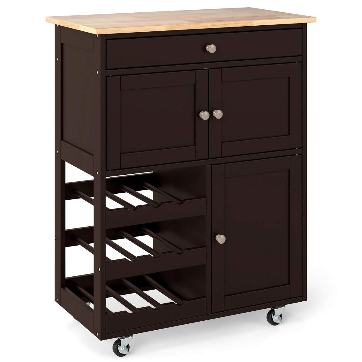 Køkkenvogn med skuffer og 3-lags vinreol – brun