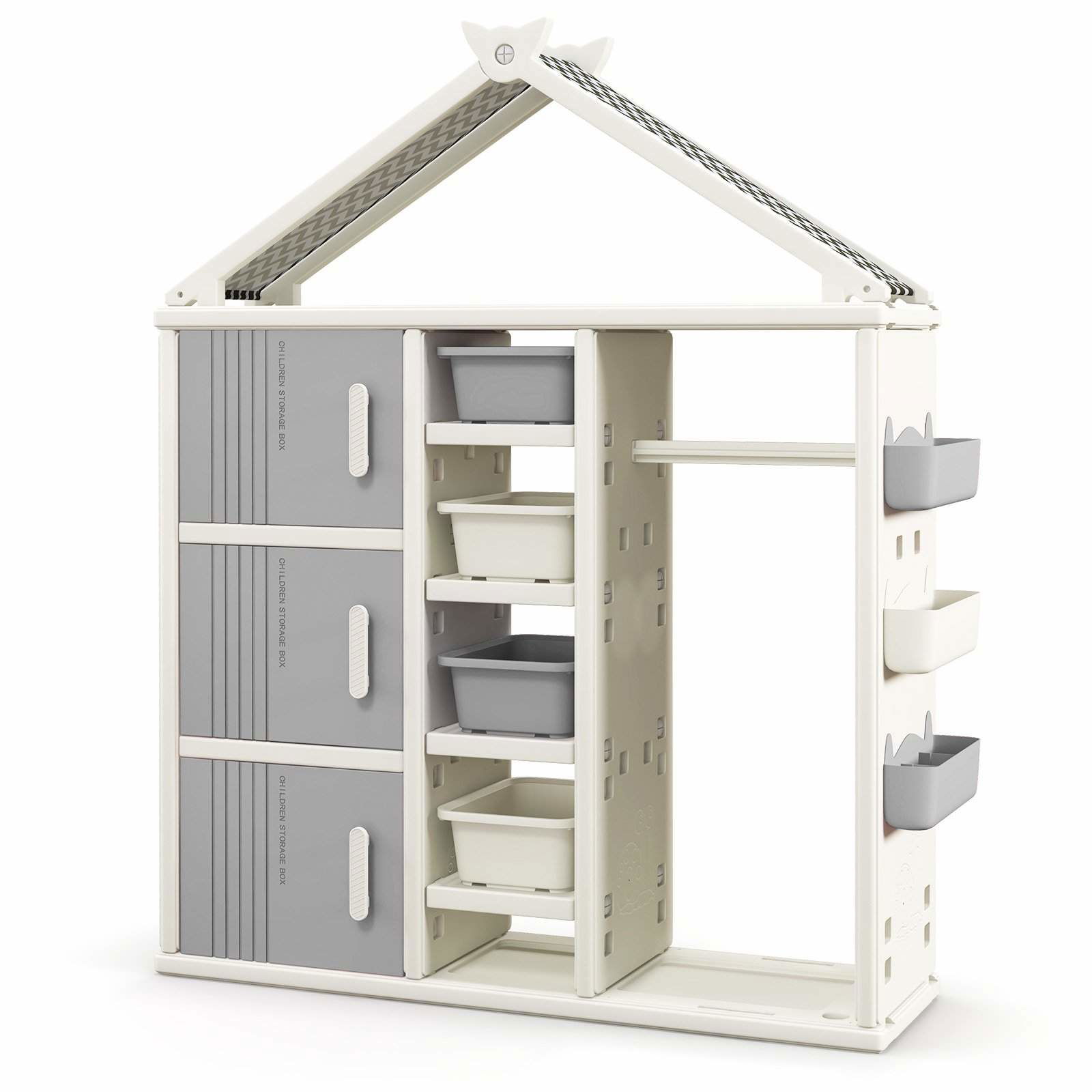 Børnehusformet garderobe med tøjstang og hylder