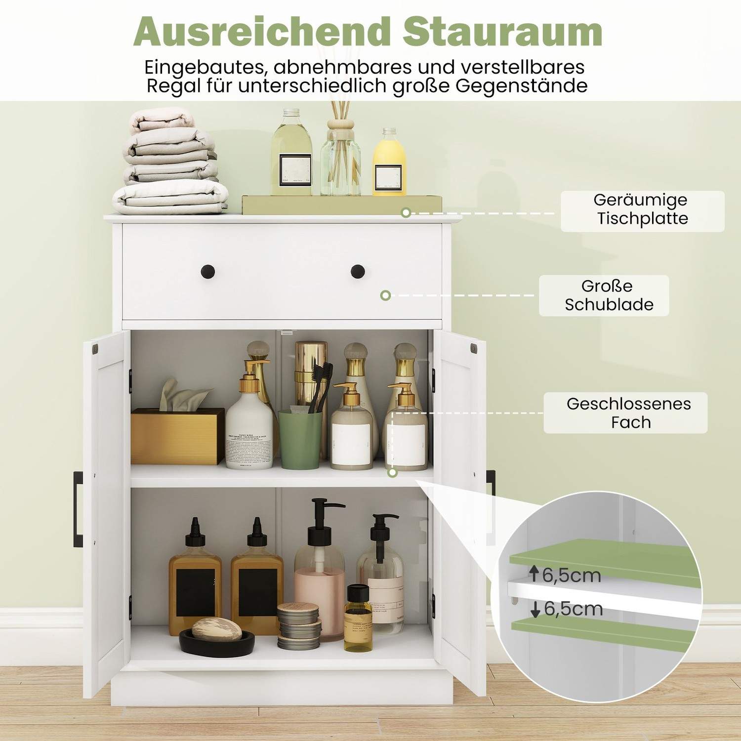 Badeværelsesskab med skuffe, justerbar hylde – 56x30x80cm Hvid