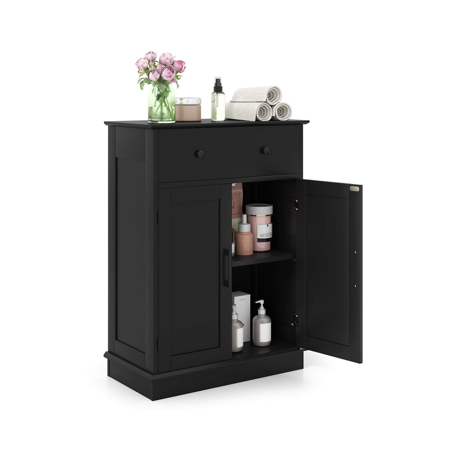 Badeværelsesskab med skuffe, justerbar hylde – sort, 56x30x80cm