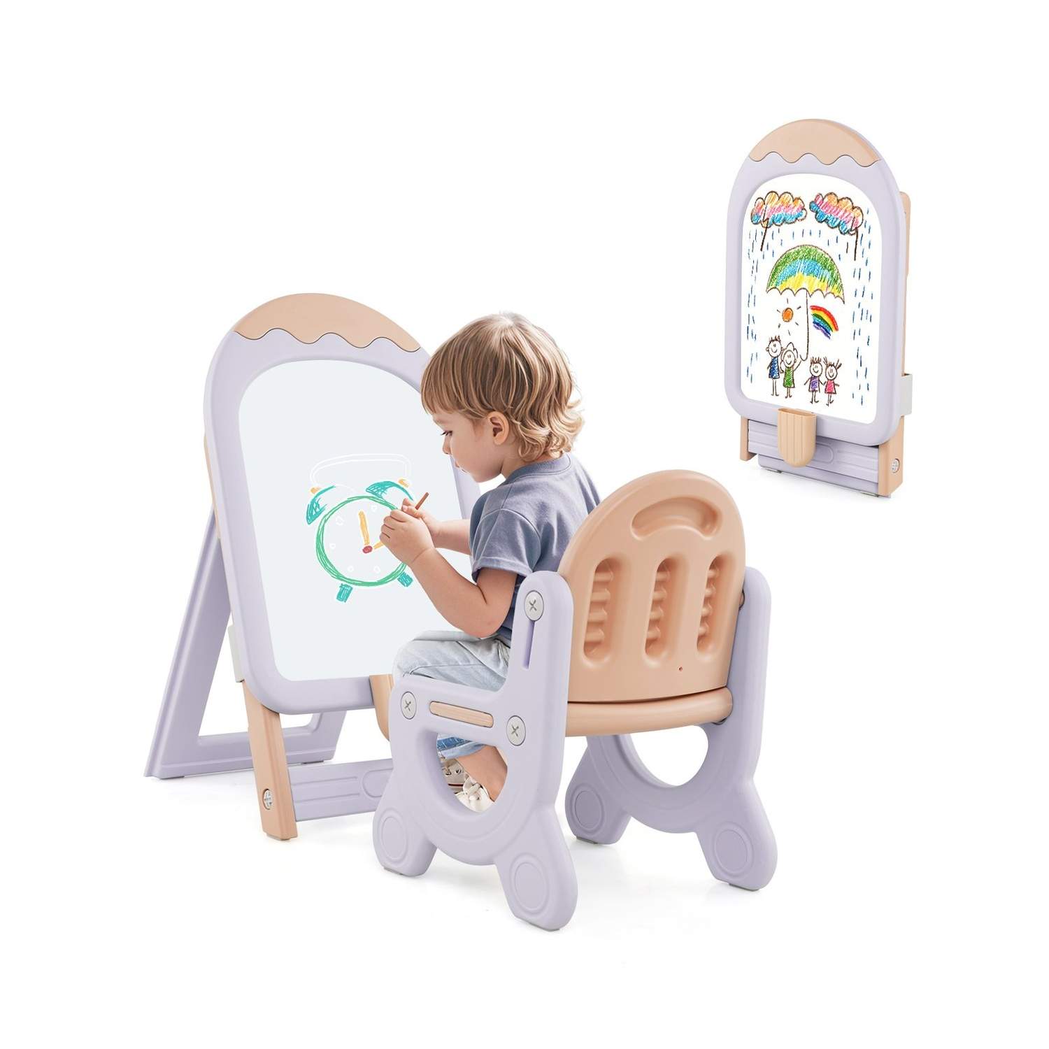 Justerbart staffeli til børn med stol – tavle og opbevaring
