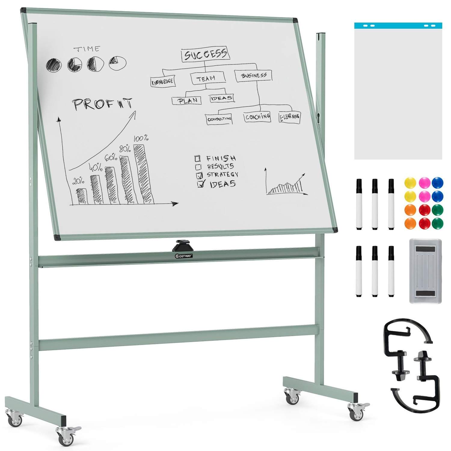 Justerbar magnetisk dobbeltsidet mobil whiteboard – 160/180 cm