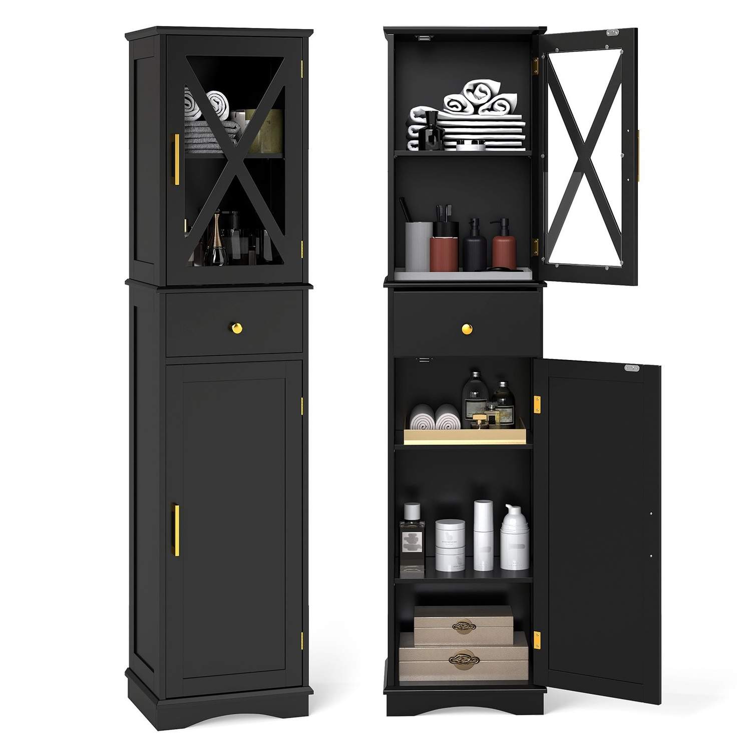 Højt badeværelsesskab – justerbare hylder og skuffe, sort