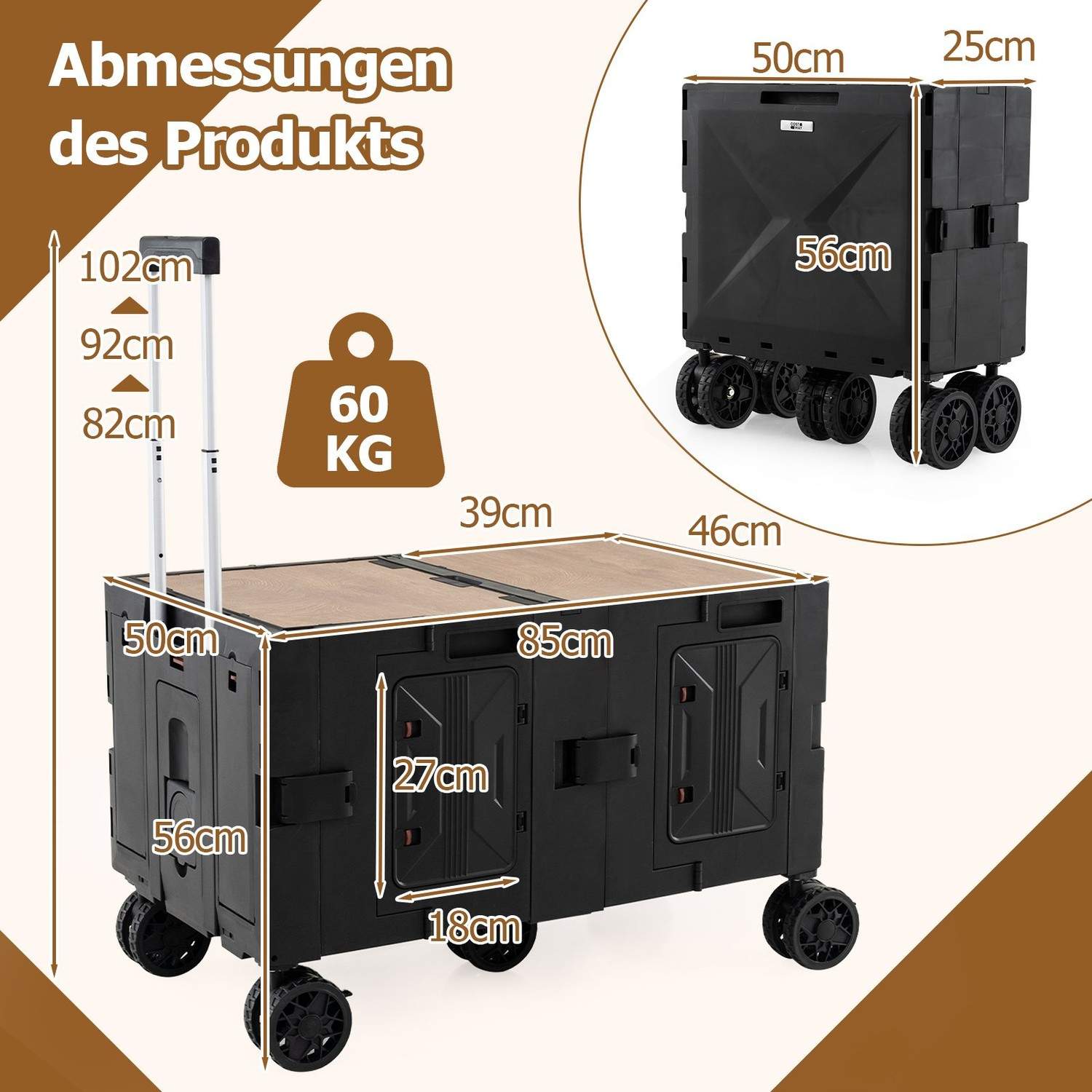 Sammenfoldelig vogn med bord, justerbart håndtag og opbevaringsspande