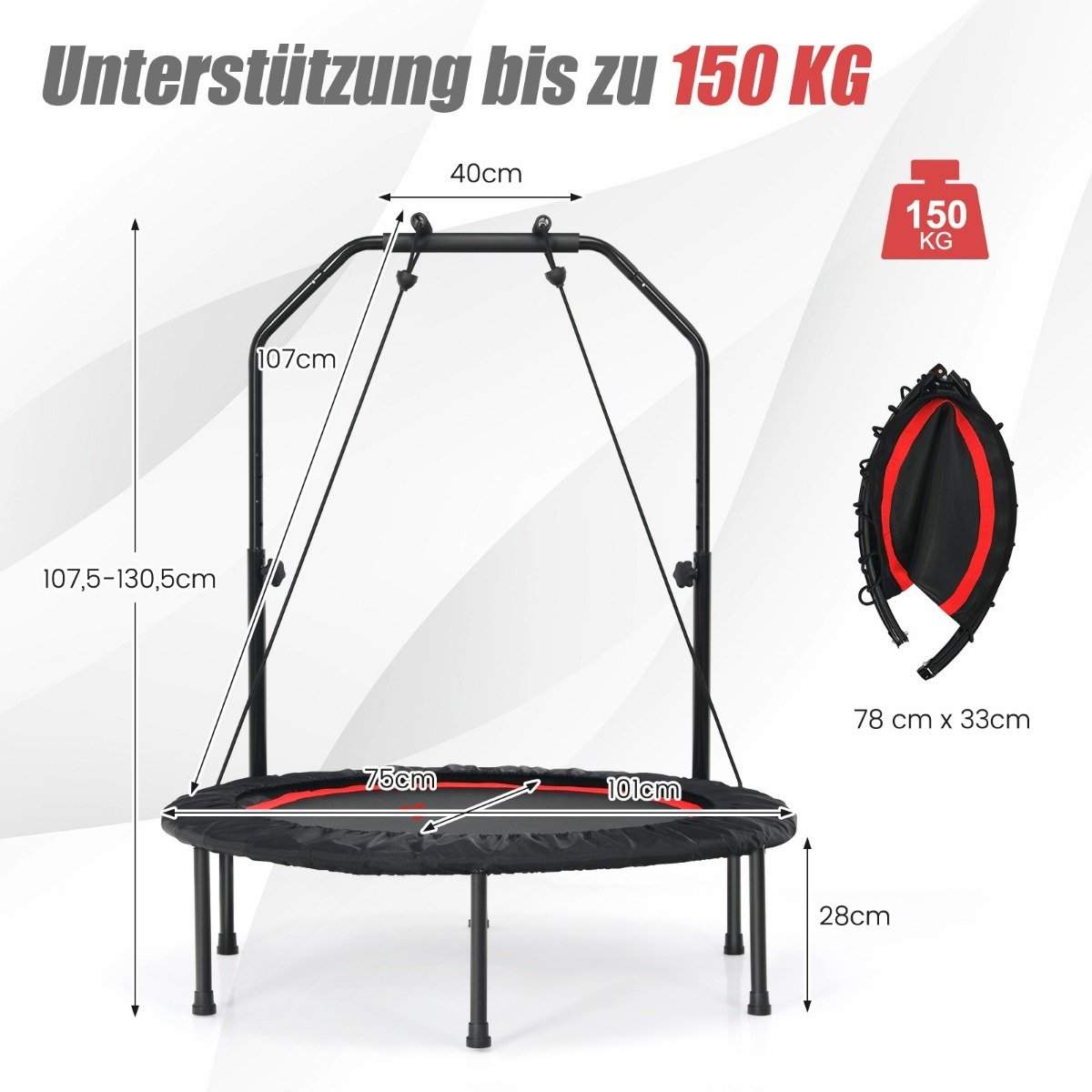 Fitness trampolin med justerbart håndtag og modstandsbånd