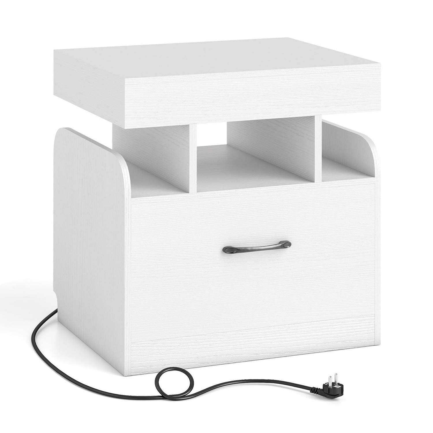 Natbord med ladestation – Skuffe & åbne hylder, hvid