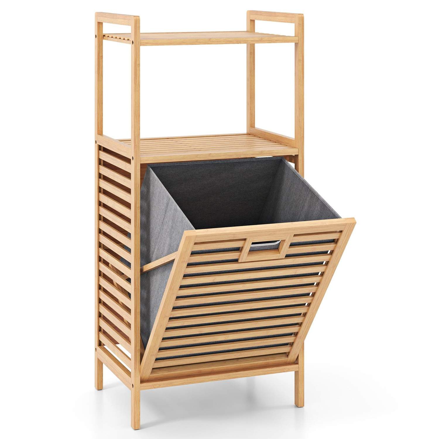 Bambus vasketøjshylde med foldbar kurv – 2 hylder, 43,5x33x96 cm