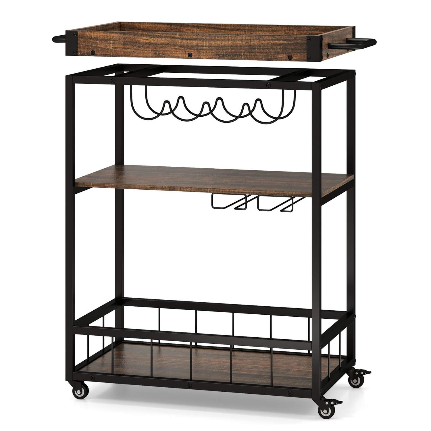 Rolling Bar Cart med aftagelig bakke – 3-lags vintage brun