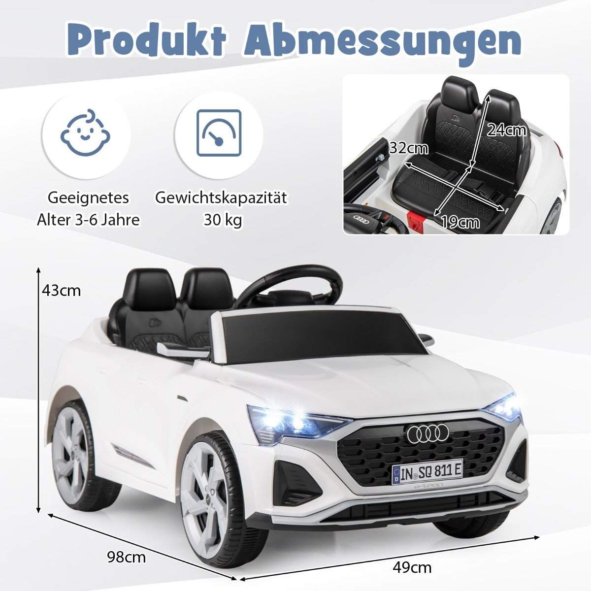 Audi SQ8 børne-elbil – 12V, fjernbetjening, hvid