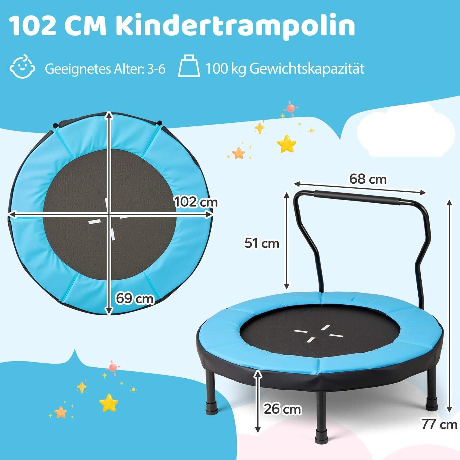 Trampolin til børn med aftageligt håndtag – 102 cm, blå
