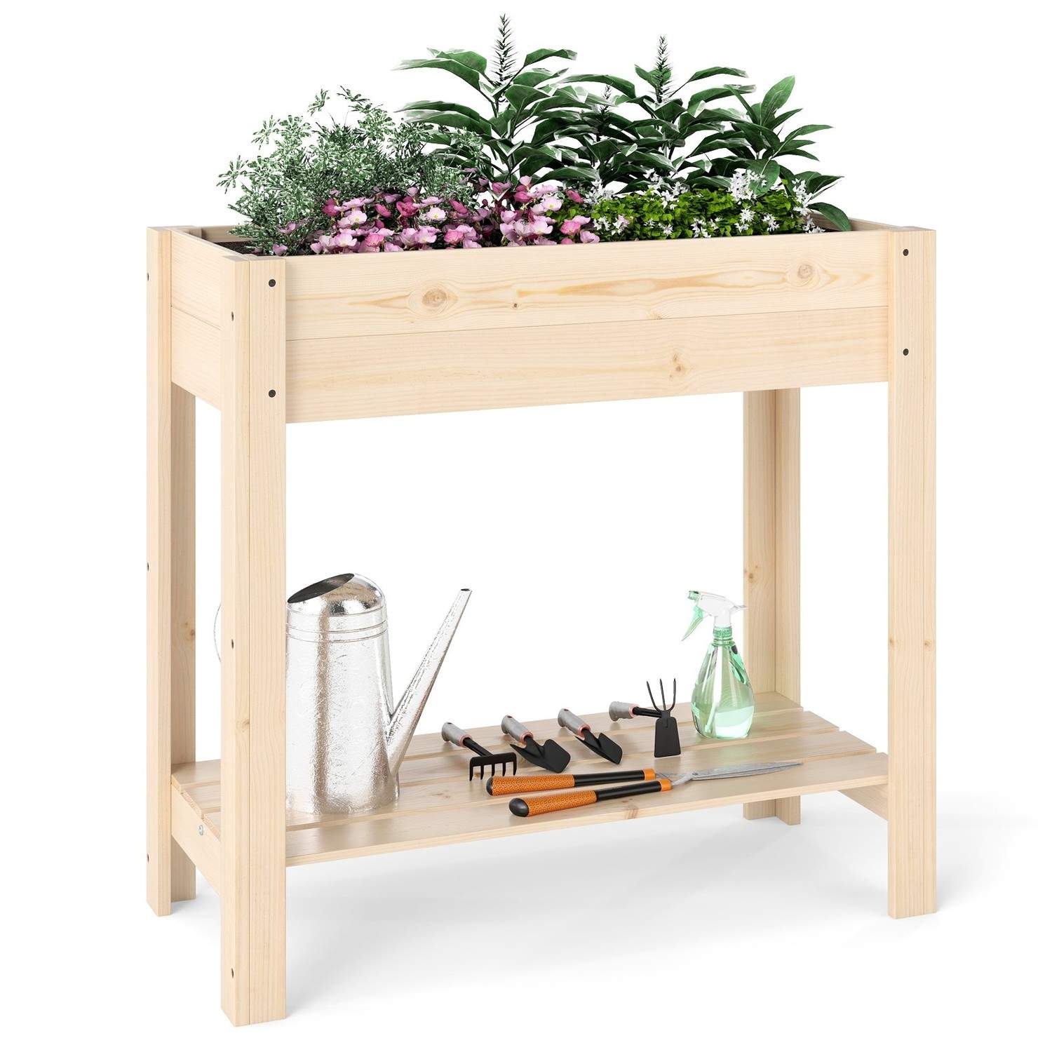 Træhævet haveseng med hylde – 81 x 37 x 77 cm
