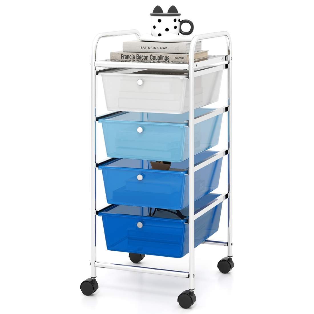 Rullande förvaringsvagn med 4 lådor – blå, metallram och avtagbara lådor | Hem & Hobby | Pryloteket