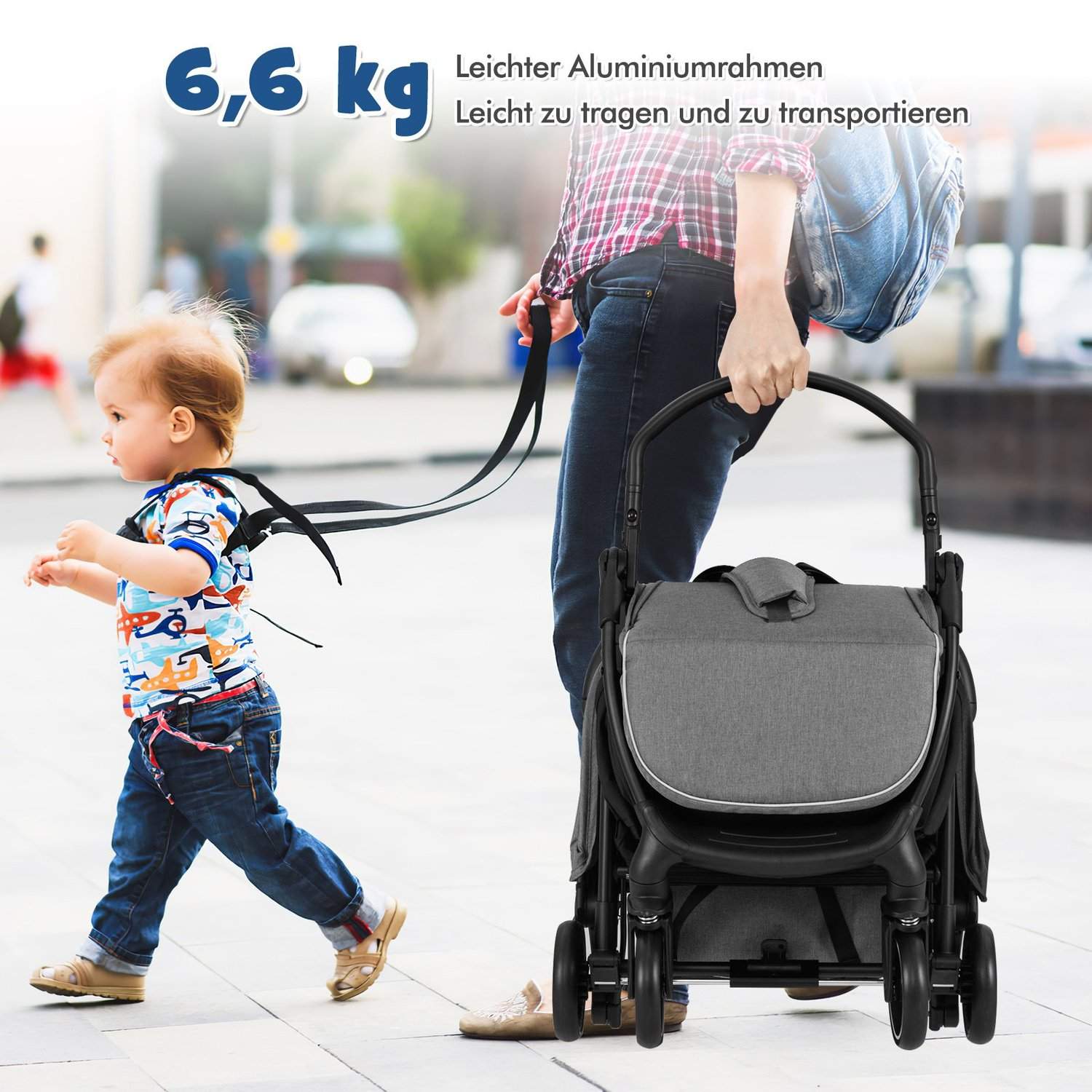 Sammenfoldelig rejseklapvogn med tilbagelænet, let og bærbar