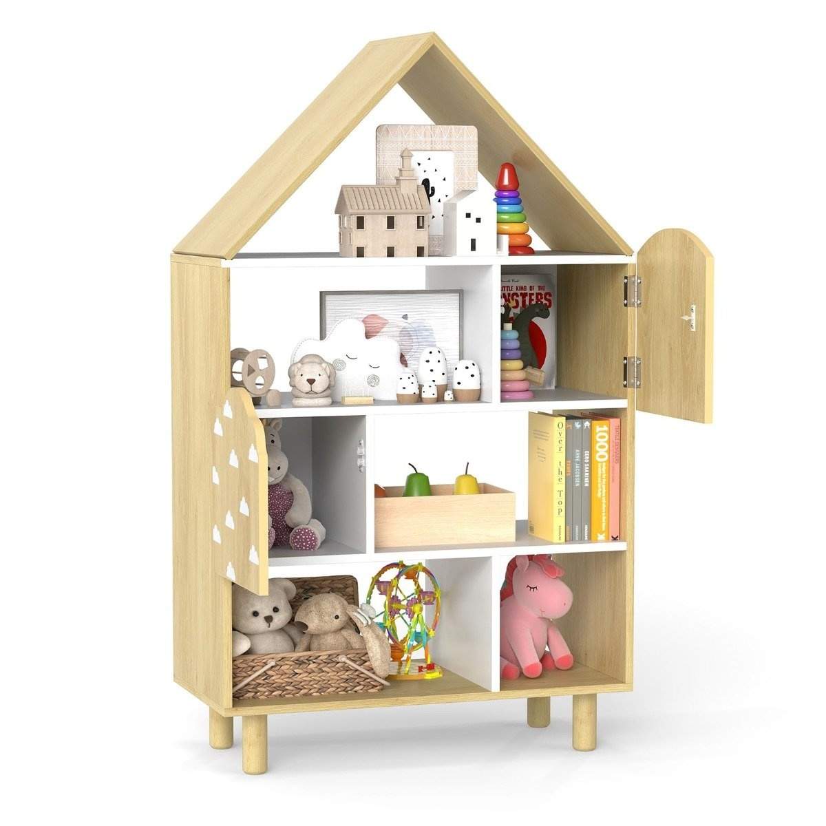Husformad bokhylla för barn med 2 dörrar och träben | Hem & Hobby | Pryloteket