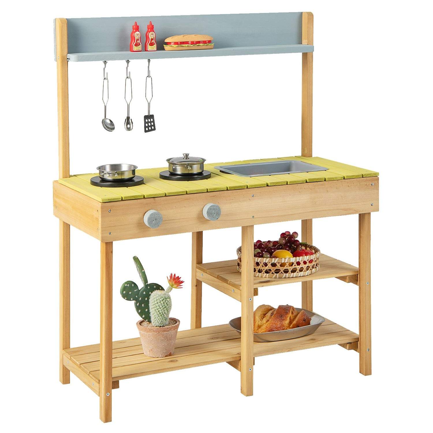 Udendørs legekøkken i træ – 2 brændere, aftagelig vask