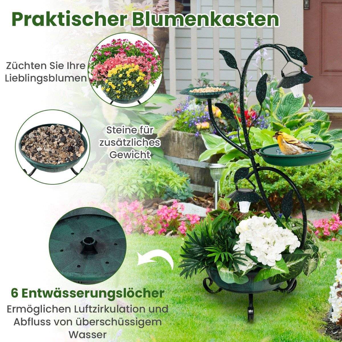 Solar Fuglebadekar med Lys – Feeder & Planter Combo