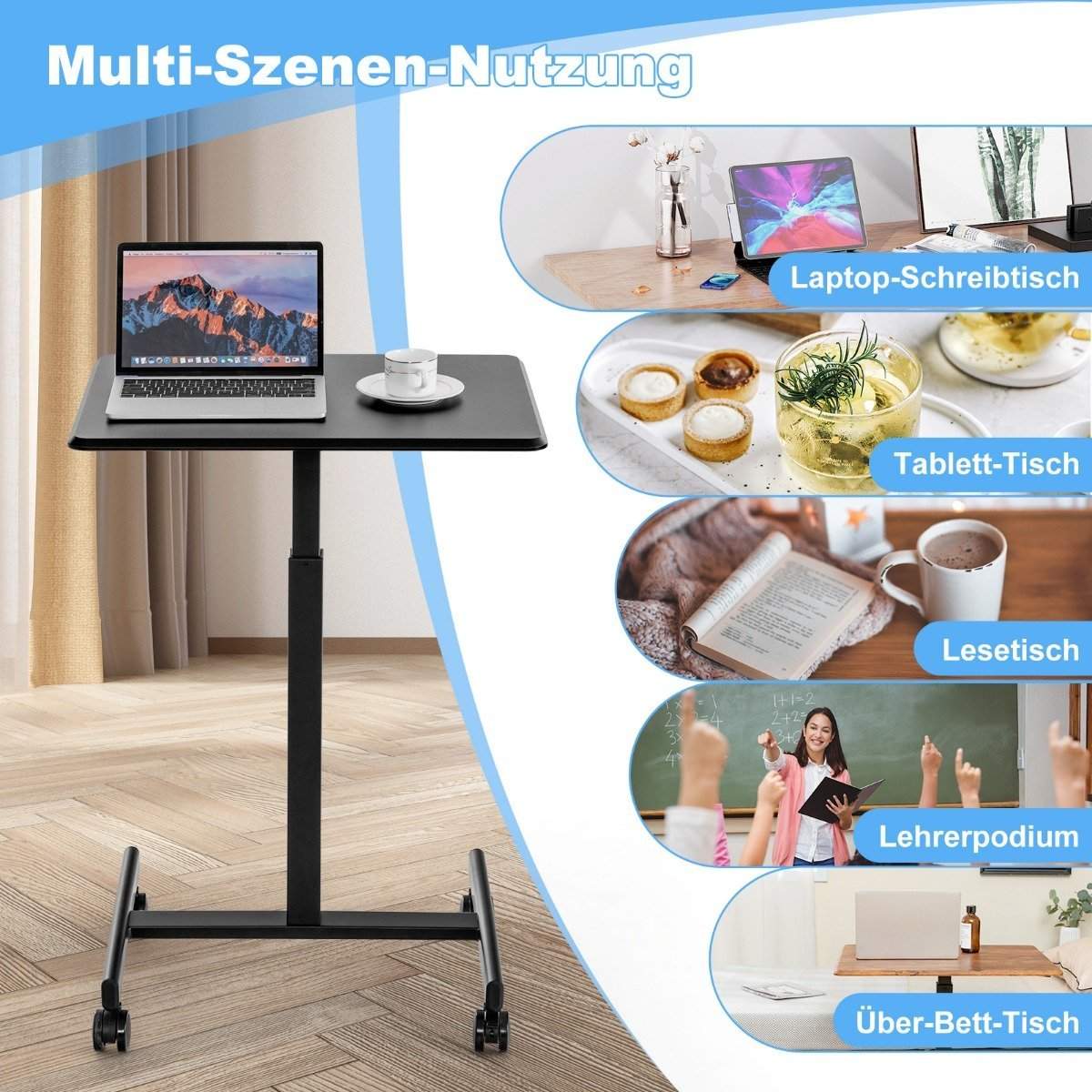 Justerbart bærbart skrivebord med hjul – 80 kg kapacitet, sort