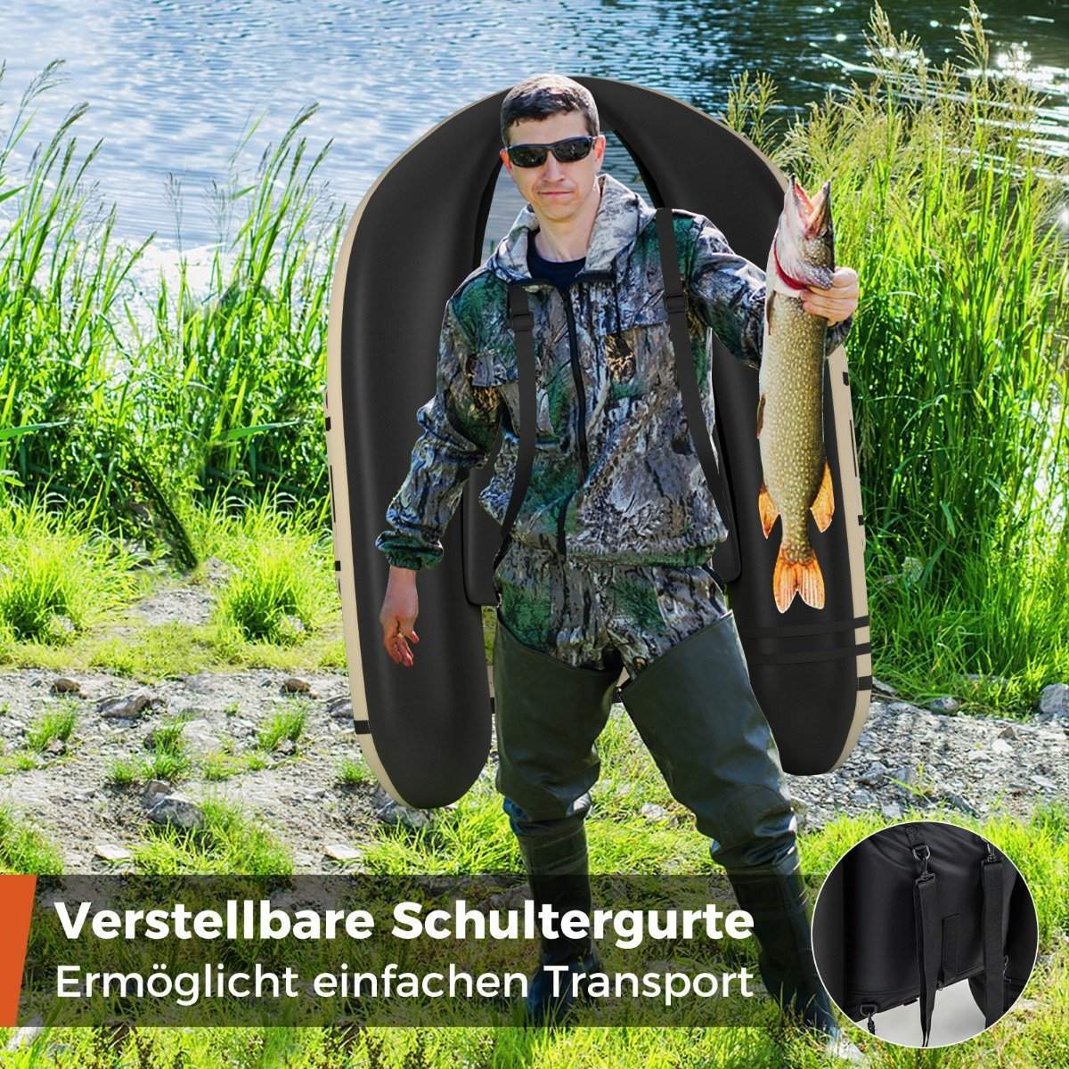 Oppustelig fiskeflåde med justerbart ryglæn, 135x109x54 cm