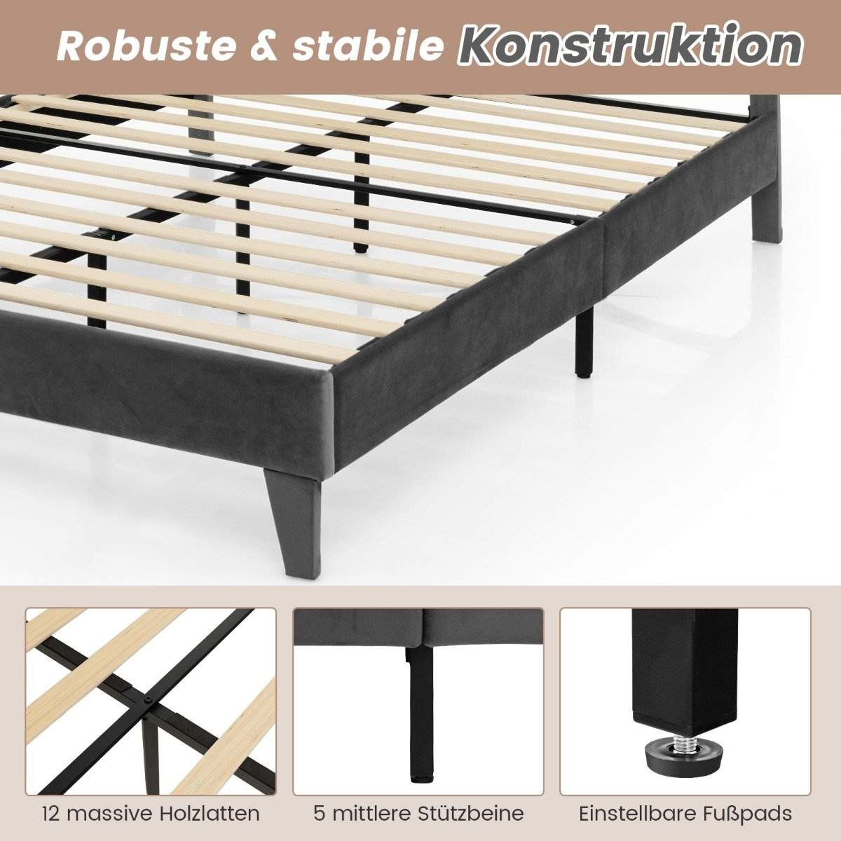 Polstret dobbeltseng 200x140 cm med sengegavl & lameller