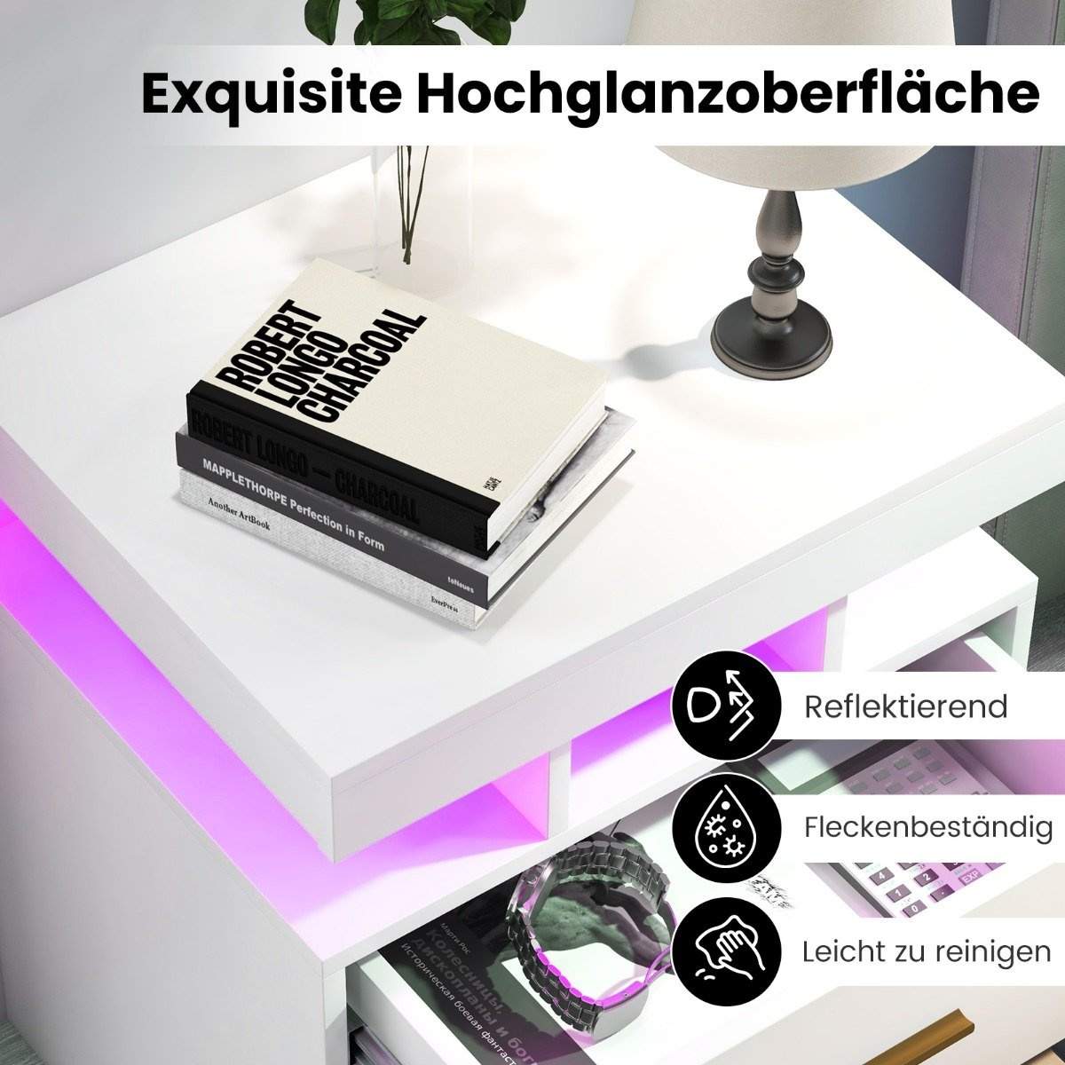 LED-natbord med 2 skuffer – højglans, fjernbetjening