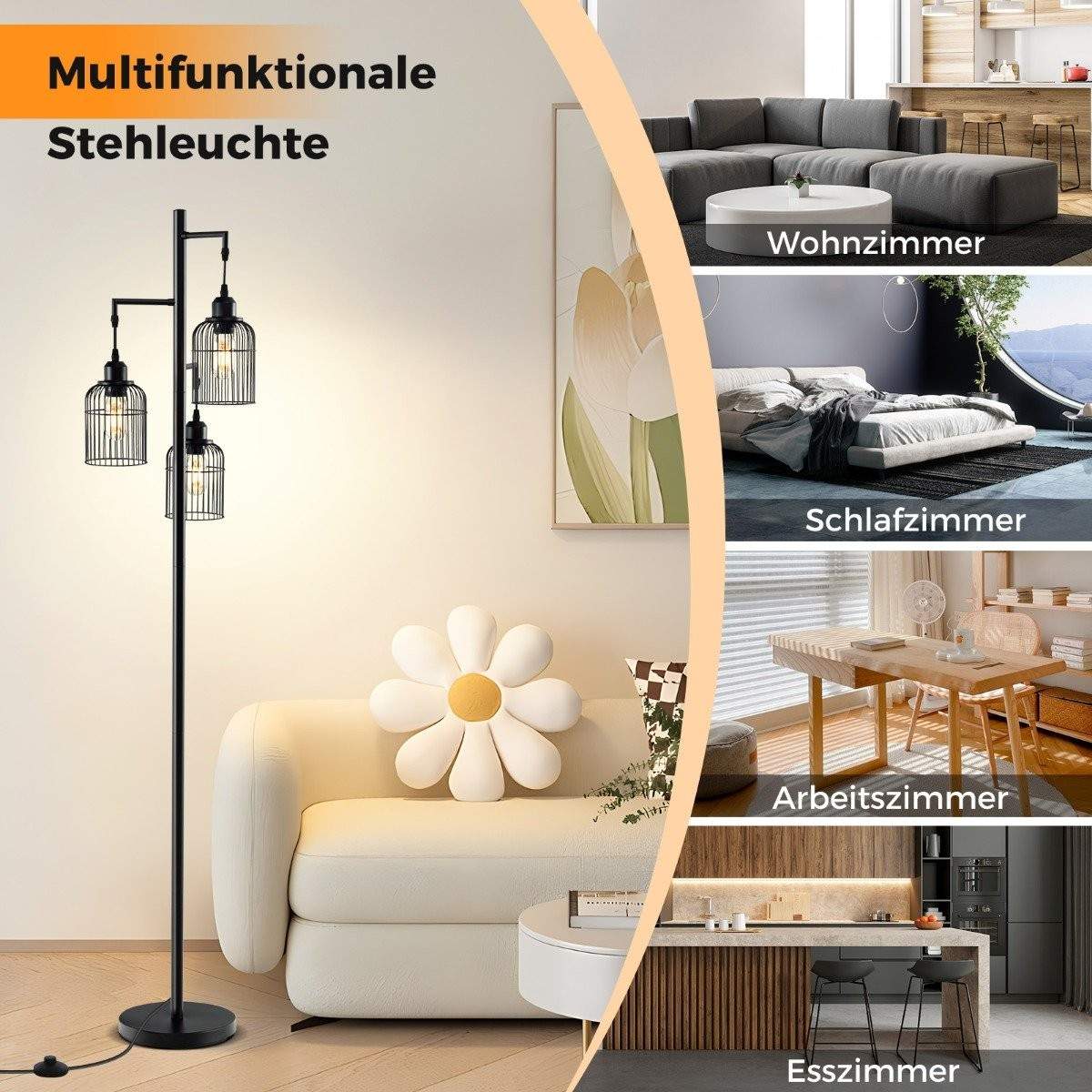 Moderne gulvlampe – 169 cm, 3 skærme, fodkontakt, sort