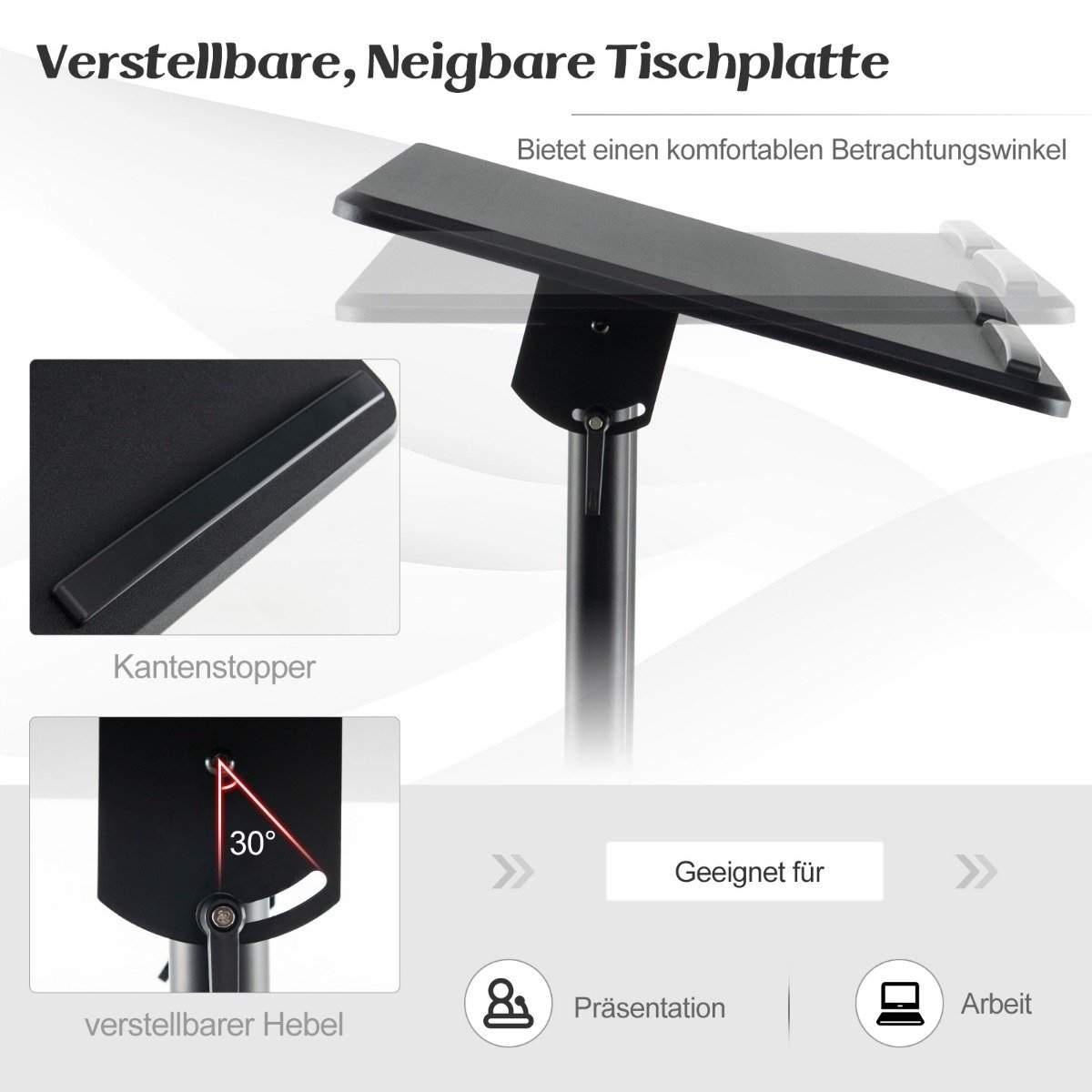 Justerbart mobilt podium – vippetop, låsehjul, opbevaring