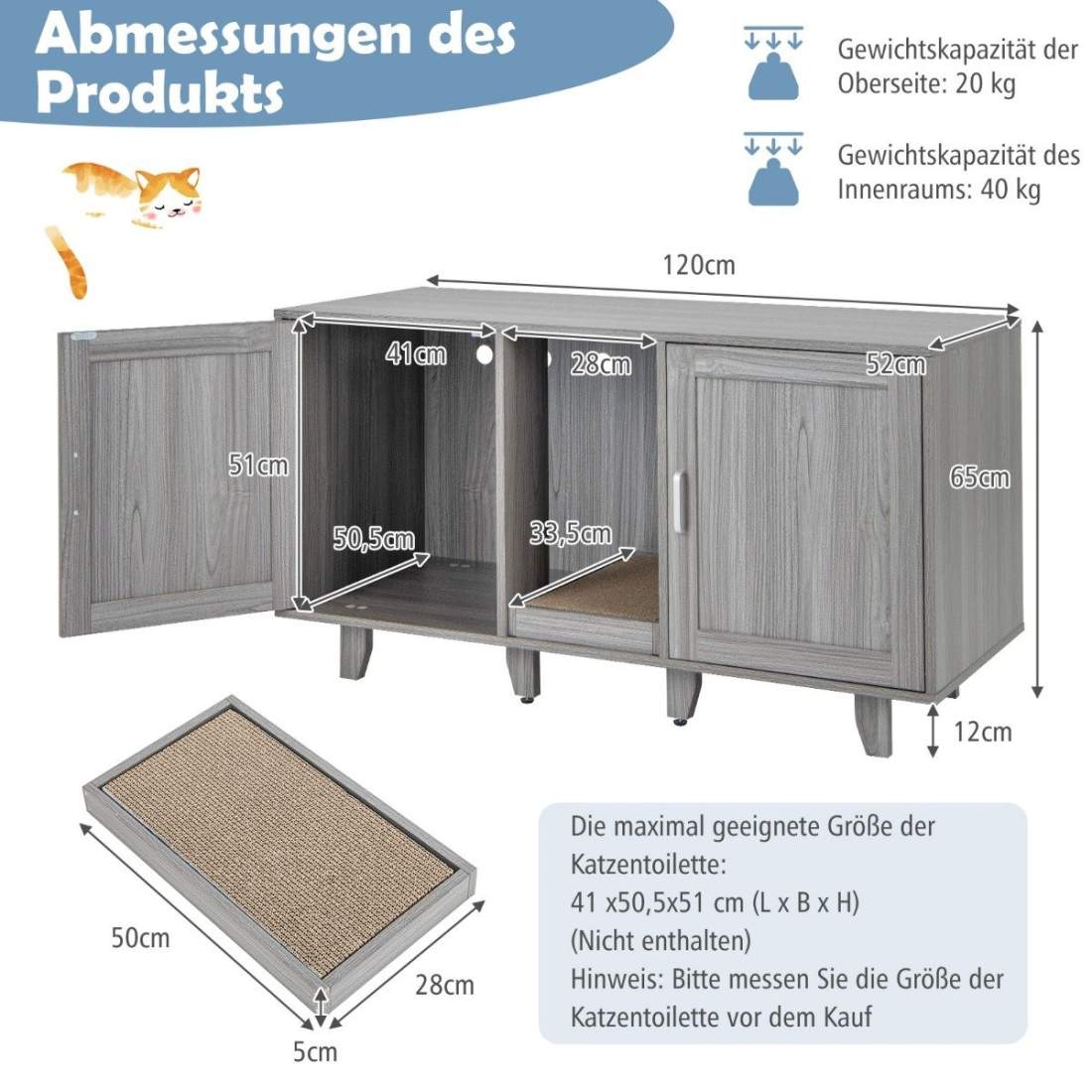 Kattsandskåp med skrapdyna och dubbla dörrar, 120x52x65 cm | Hem & Hobby | Pryloteket