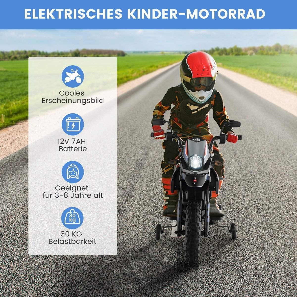 Elmotorcykel til børn – 12V, musik og forlygter, blå