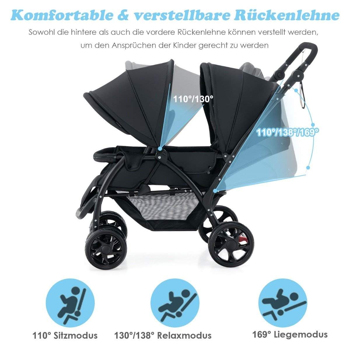 Sammenfoldelig tvillingklapvogn – justerbare sæder og baldakin, 30 kg kapacitet