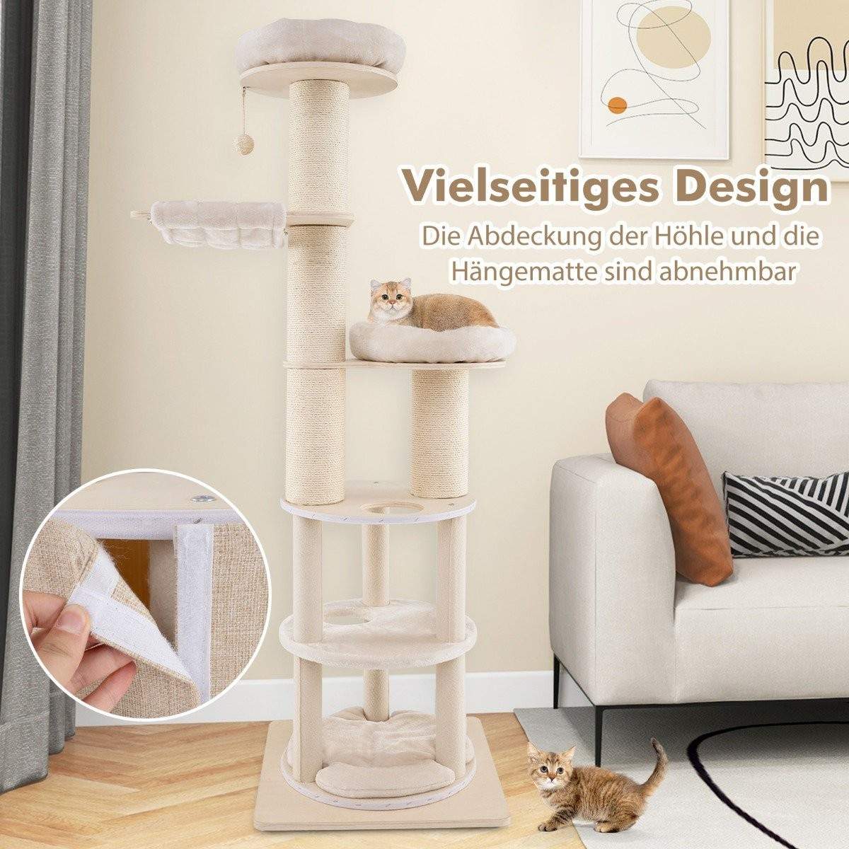 Kattetræ med hængekøjer & kradsestolper – 187 cm