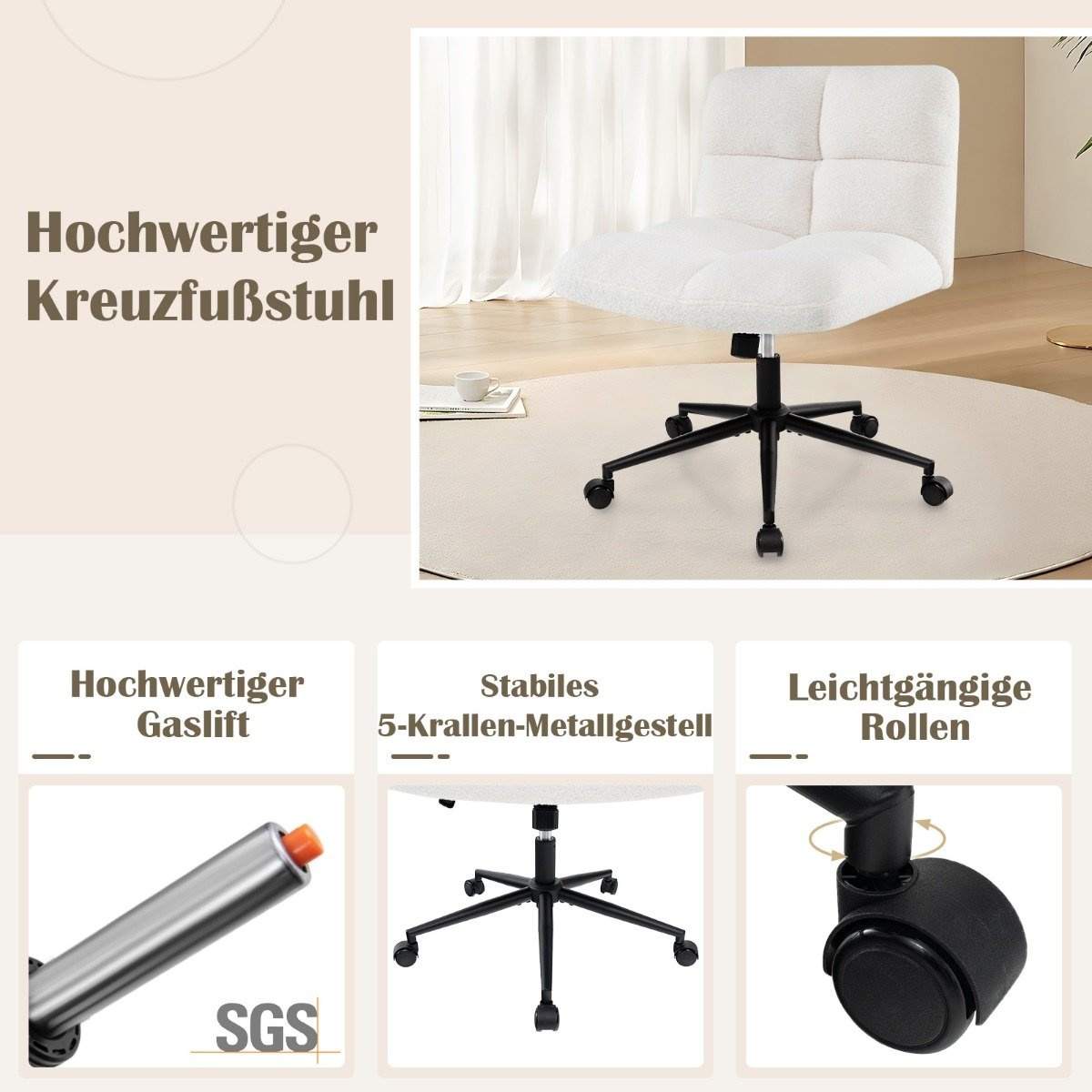 Armløs kontorstol – Bredt sæde, 160 kg kapacitet, beige