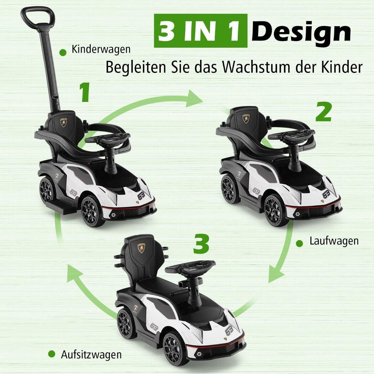 3-i-1 kørende bil med skubbehåndtag og opbevaring – hvid