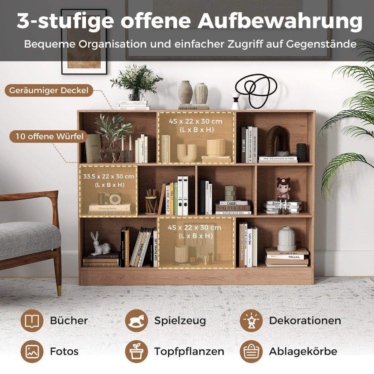 Bogreol med 10 åbne rum – 3-lags træhylde