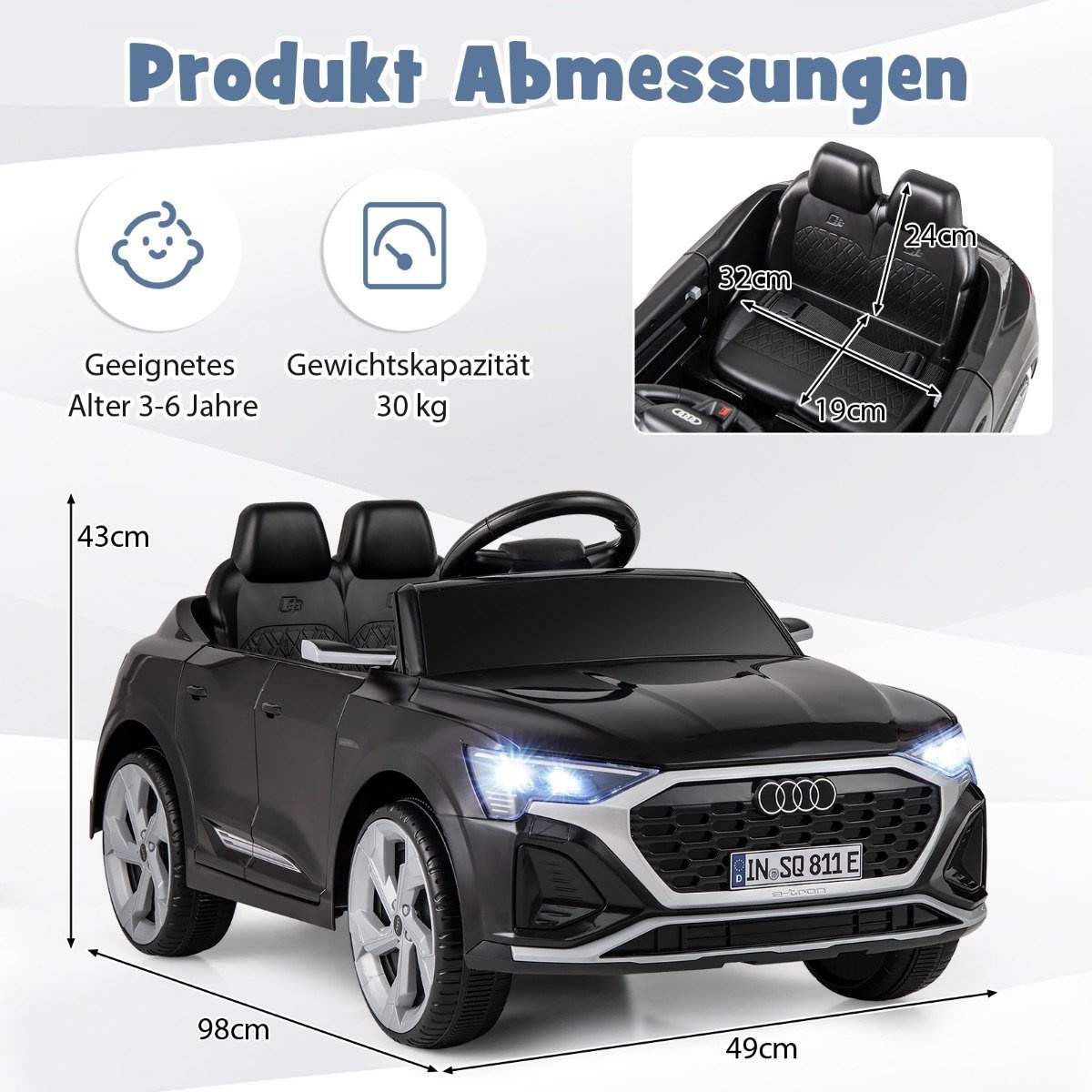 Audi SQ8 Kids Elbil – 12V, Fjernbetjening, Sort