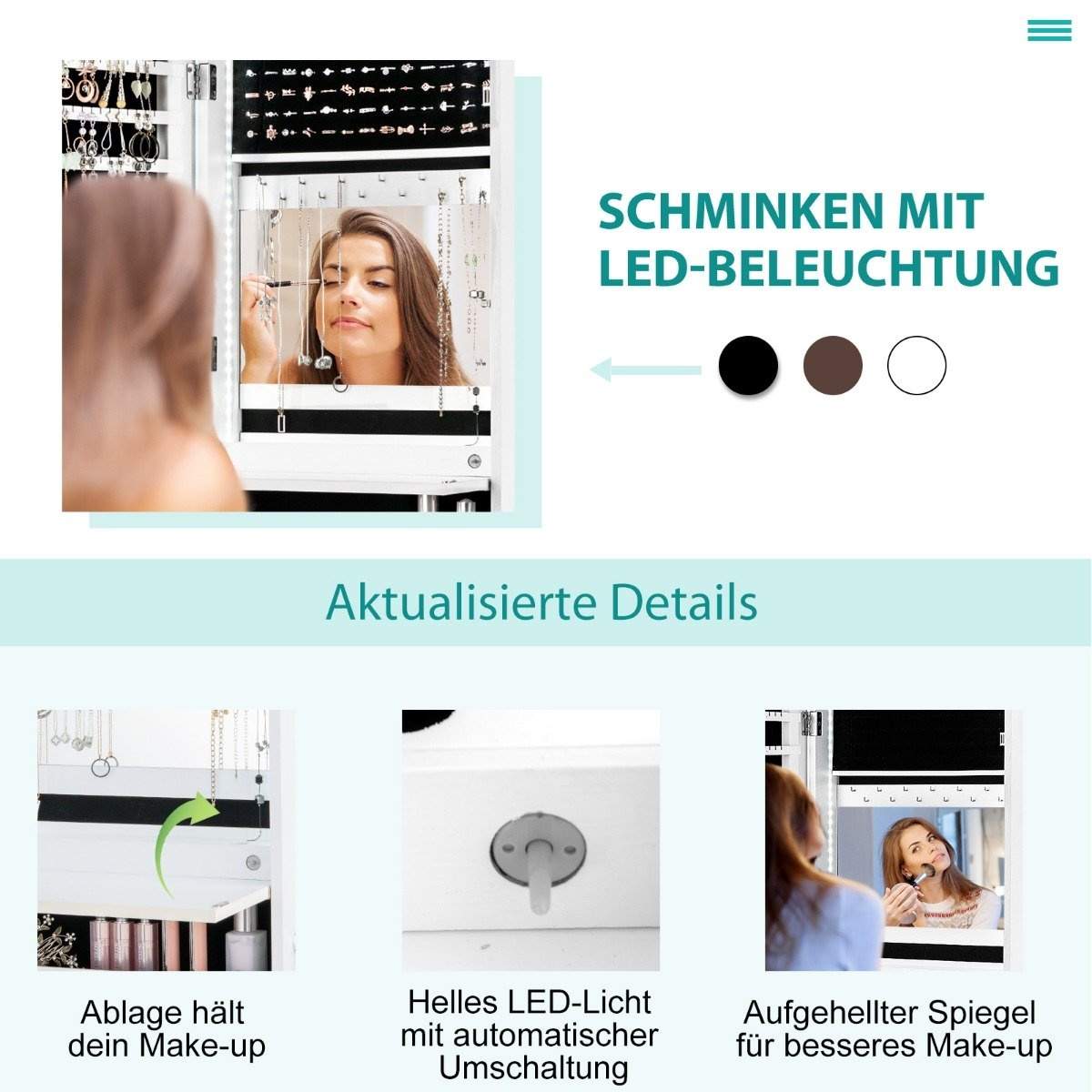 Smykkeskab med LED-lys og spejl i fuld længde