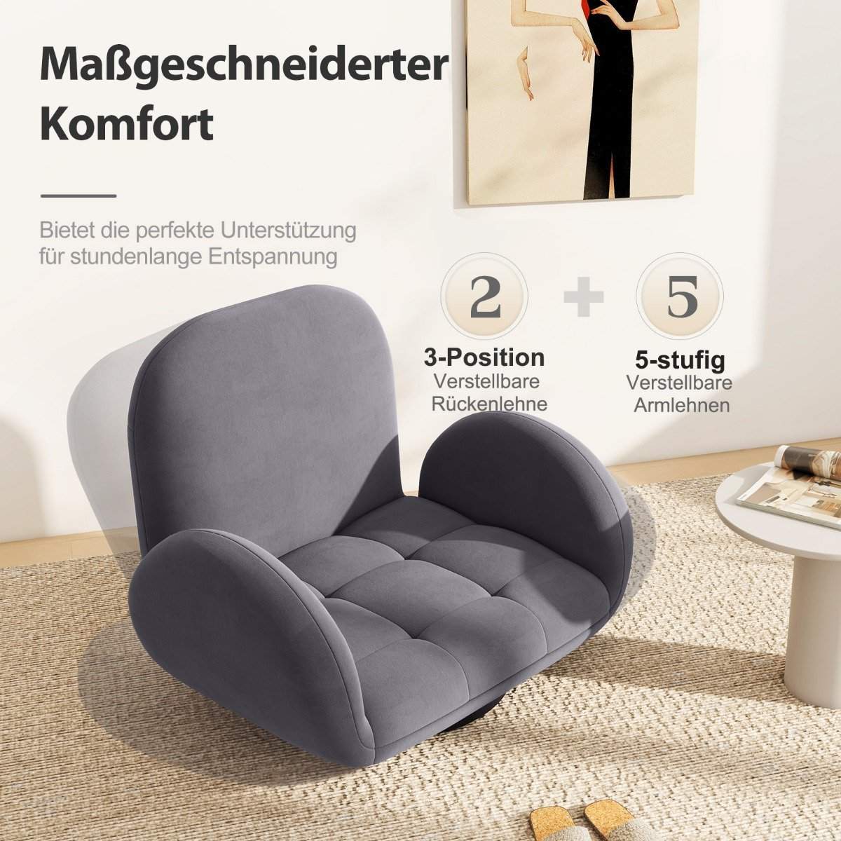 Drejelig gulvstol med justerbar ryg og armlæn – Grå