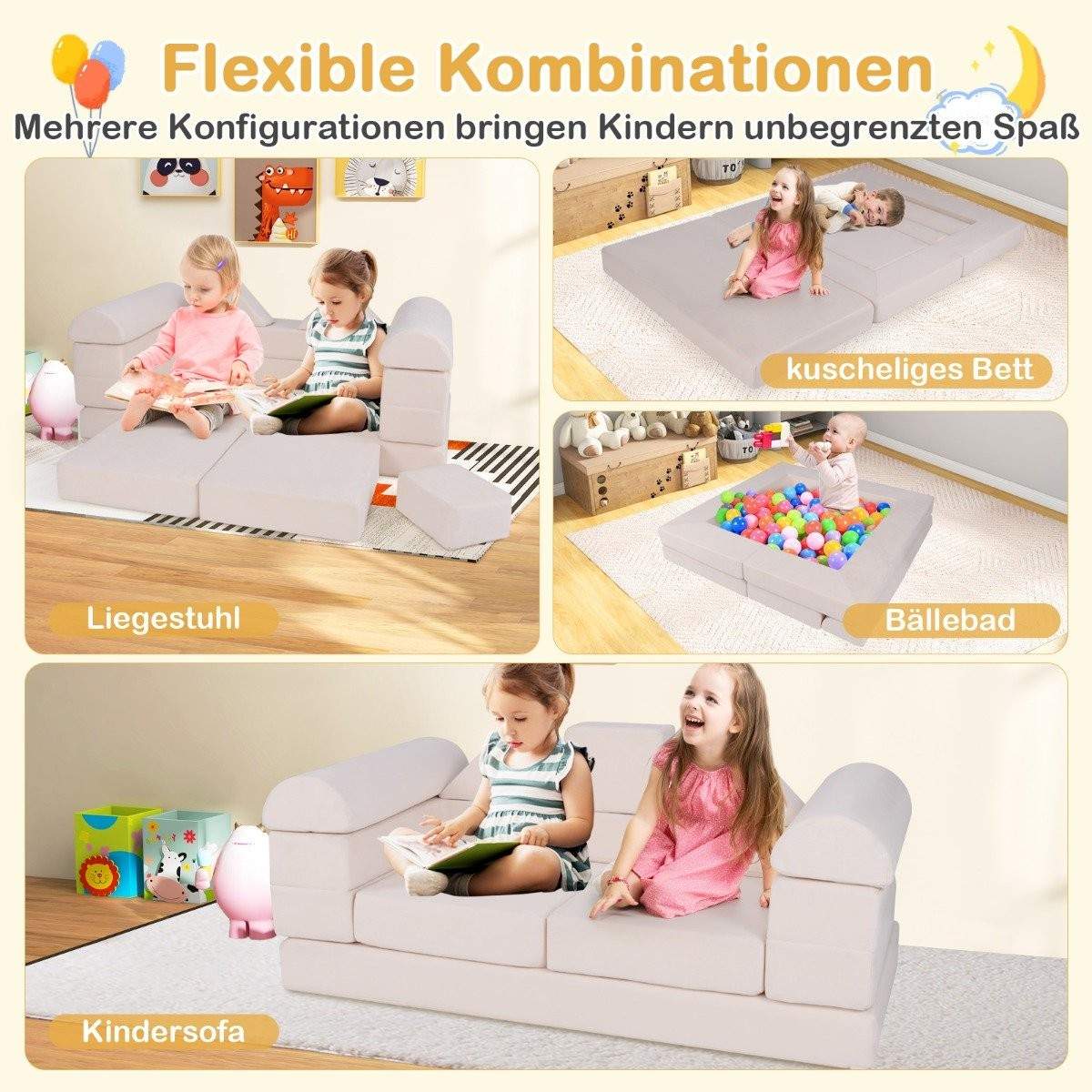 Modulært skumsofasæt til børn – 9-delt, ruskind, beige